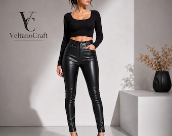 Pantaloni da donna a vita alta in vera pelle / Pantaloni skinny in pelle nera / Pantaloni in pelle di agnello fatti a mano / Leggings in pelle slim fit /VeltanoCraft