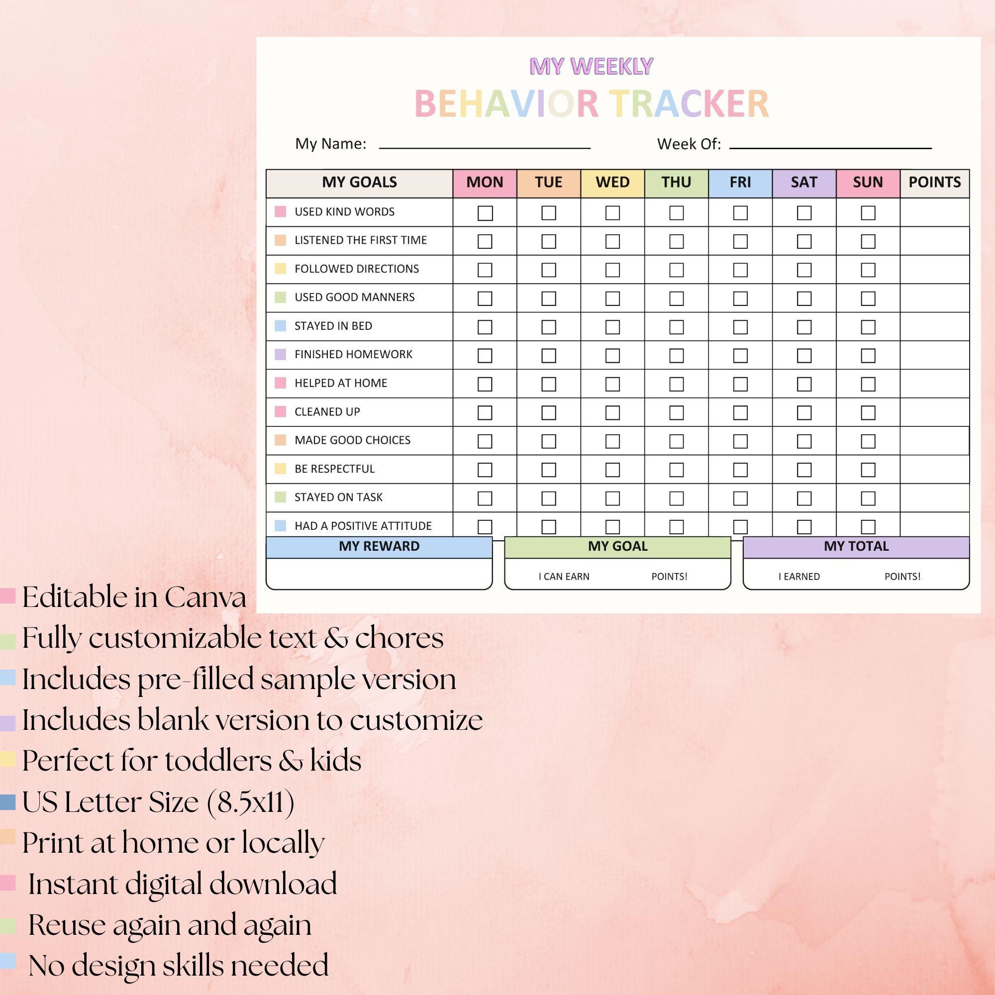 Editable Weekly Behavior Chart for Kids, Reward Tracker, Printable ...