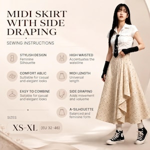 May include: A beige midi skirt with side draping, featuring a floral pattern. The skirt has a high-waisted design and an A-silhouette. The image also includes text that says "MIDI SKIRT WITH SIDE DRAPING" and "XS-XL (EU 32-46)".