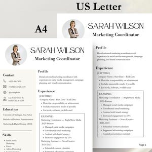 Puede incluir: Plantilla de currículum vitae profesional con el nombre "SARAH WILSON" y el título "Marketing Coordinator". El currículum incluye secciones para perfil, experiencia, educación y habilidades. Disponible en formatos US Letter y A4.