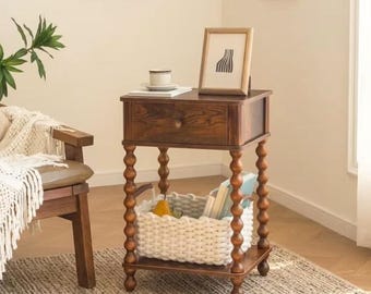 Mid Century Nightstand | Wood Bedside Table | Spindle Leg End Stand | Bedroom Storage