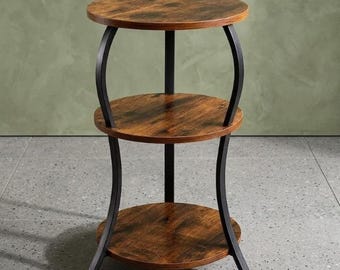 Round Side Table | 3 Tier End Stand | Rustic Brown Accent | Small Space Storage