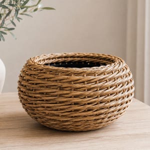 May include: A round, woven wicker basket in a natural brown hue, with a dark interior. The basket, with its layered design, sits on a light wood surface. The basket is empty and ready for use. The basket's diameter is approximately 30 cm.