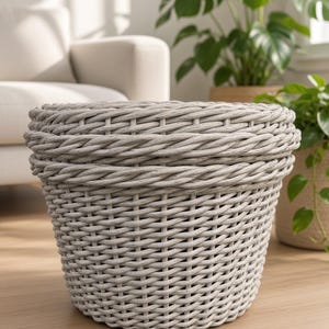 Grand pot de fleurs tressé en rotin, gris beige, pot de jardin fait main, capacité de 5,3 gallons