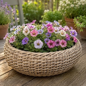 May include: A round, woven wicker planter basket containing a dense arrangement of petunia flowers in shades of pink, purple, lavender, and white with green foliage. The basket features a thick, braided rim and a natural light brown finish.