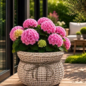 Pode incluir: Uma planta de hortênsia vibrante com numerosos cachos de flores rosa brilhante e folhas verde-escuras, plantada num cesto redondo de vime entrançado de cor clara com uma faixa decorativa atada à volta da parte central.