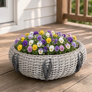 May include: A round, low-profile planter made of light gray woven material with darker gray vertical accents. The planter is filled with a dense arrangement of small pansy flowers in vibrant shades of yellow, white, purple, and light pink.