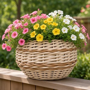 May include: A round, woven wicker basket planter featuring a two-tone design of light beige and tan strands. The basket is filled with a dense arrangement of vibrant petunia flowers in shades of bright pink, sunny yellow, and crisp white.