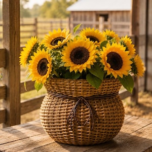 Puede incluir: Una cesta redonda de mimbre marrón tejida llena de un ramo de girasoles de color amarillo brillante con centros de color marrón oscuro. La cesta cuenta con un cordón decorativo marrón oscuro atado en un lazo simple alrededor del borde superior.