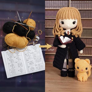 Peut inclure: Une poupée au crochet avec une robe noire, tenant un livre, et un petit chat orange. La poupée a des cheveux brun clair et est à côté de fil, de crochets et d'un patron. Le texte "andcrochet" est visible.