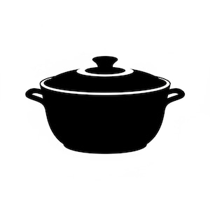 以下が含まれることがあります： 蓋付きの調理鍋のソリッドな黒いシルエット。鍋は丸みを帯びた本体、2つのサイドハンドル、蓋の中央にあるつまみが特徴です。デザインは、全体的にクリーンで太い線を用いた、フラットでコントラストの高いグラフィックスタイルで表現されています。