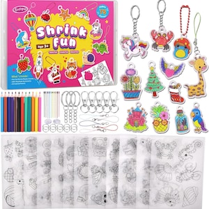 May include: A Shrink Fun craft kit with a pink and yellow box, featuring the text "Shrink Fun" and illustrations of various charms. Includes pre-cut plastic charms, keychains, colored pencils, and shrinkable designs.