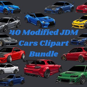 Könnte beinhalten: Eine digitale Illustrationssammlung mit verschiedenen modifizierten JDM-Autos in Blau, Rot, Gelb, Silber, Weiß und Grün, wobei der Text 40 Modified JDM Cars Clipart Bundle mittig vor einem dunkelgrauen Hintergrund zu sehen ist.