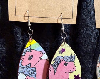 Pink Pony Earrings: Children's Book Illustration Style, Teardrop Dangle Jewelry