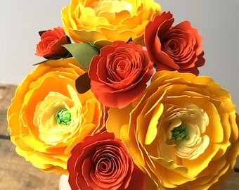 Yellow Ranunculus and Orange Roses, Paper Flowers, First Anniversary, Paper Anniversary, Paper Bouquet