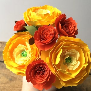 Yellow Ranunculus and Orange Roses, Paper Flowers, First Anniversary, Paper Anniversary, Paper Bouquet image 1