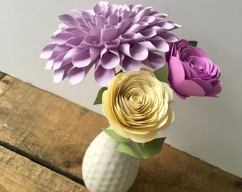 Lavender and Cream Dahlia and Rose Paper Bouquet, First Anniversary, Paper Flowers