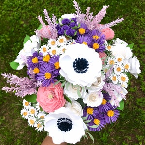 Purple, Pink, and White Paper Flower Bouquet - Anemones - Chamomile - Ranunculus - Purple Aster - Roses - Hydrangeas - Astilbe