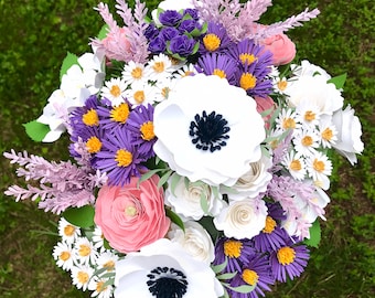 Purple, Pink, and White Paper Flower Bouquet - Anemones - Chamomile - Ranunculus - Purple Aster - Roses - Hydrangeas - Astilbe