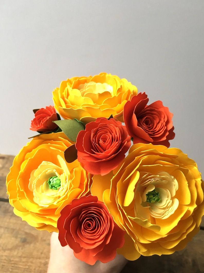 Yellow Ranunculus and Orange Roses, Paper Flowers, First Anniversary, Paper Anniversary, Paper Bouquet image 1