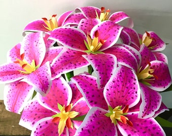 Paper Stargazer Lilies, Fuchsia Flowers, First Anniversary, Paper Flowers, Wedding Bouquet Recreation, Paper Bouquet