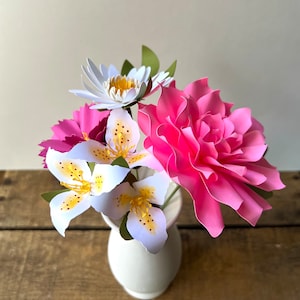 Hot Pink, Fuchsia, and White Paper Flower Bouquet - Dahlia - Mini Lily - Wild Daisy