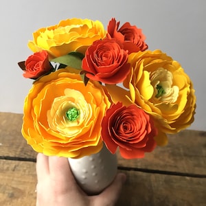 Yellow Ranunculus and Orange Roses, Paper Flowers, First Anniversary, Paper Anniversary, Paper Bouquet image 4