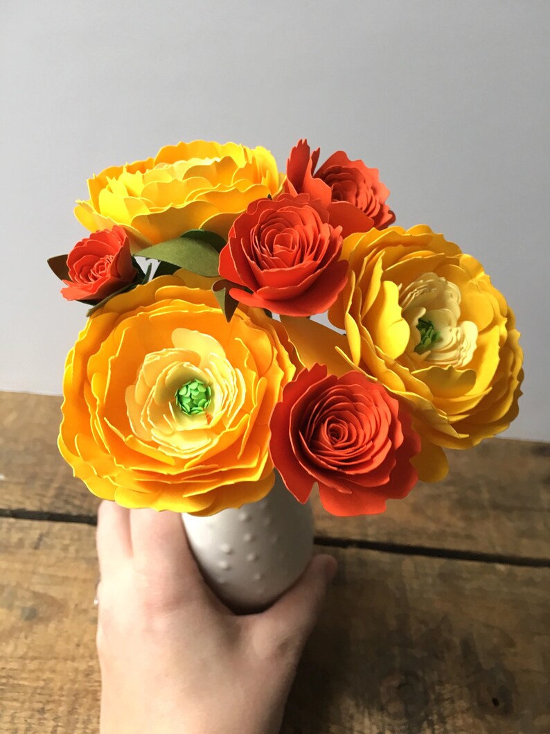 Yellow Ranunculus and Orange Roses, Paper Flowers, First Anniversary, Paper Anniversary, Paper Bouquet image 4