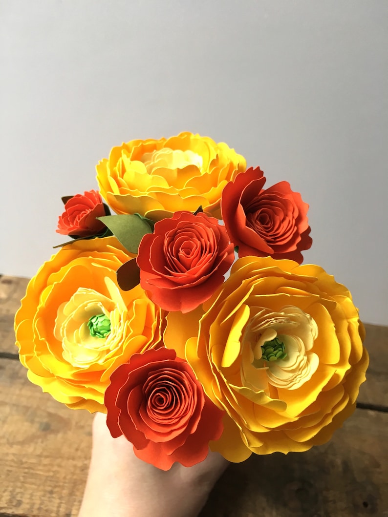 Yellow Ranunculus and Orange Roses, Paper Flowers, First Anniversary, Paper Anniversary, Paper Bouquet image 2