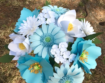 Blue Himalayan Poppy and White Magnolia Paper Flower Bouquet, First Anniversary, Paper Flowers, Paper Bouquet