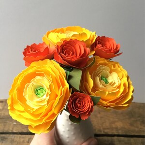 Yellow Ranunculus and Orange Roses, Paper Flowers, First Anniversary, Paper Anniversary, Paper Bouquet image 5