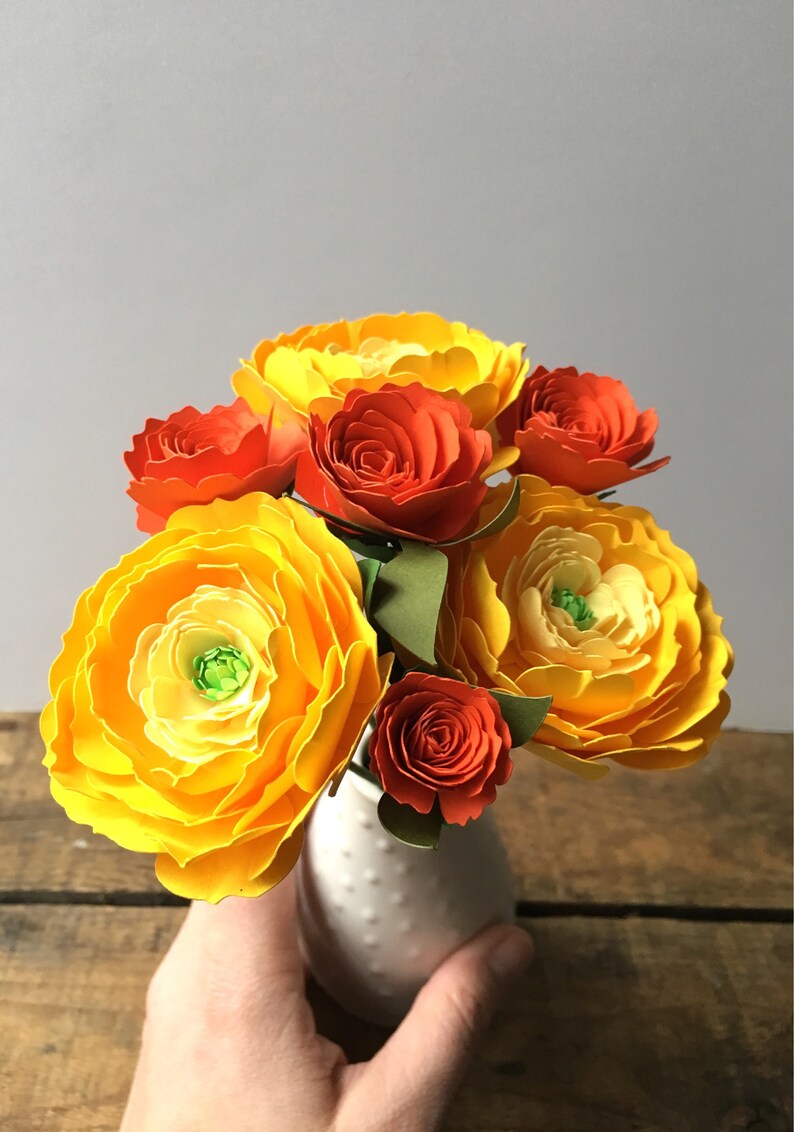 Yellow Ranunculus and Orange Roses, Paper Flowers, First Anniversary, Paper Anniversary, Paper Bouquet image 5