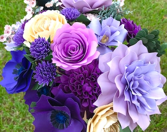Lavender Lilac Dahlias and Dark Purple Anemones, Paper Bouquet, Wedding Bouquet Recreation, First Anniversary, Paper Flowers