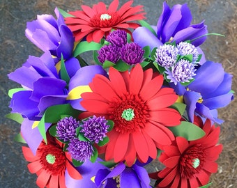 Red Gerbera Daisies and Purple Irises, Wedding Bouquet Recreation, First Anniversary, Paper Flowers, Paper Bouquet