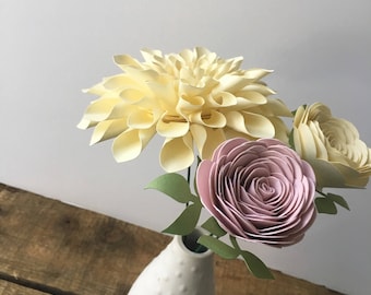 Cream Dahlia and Pink Rose Paper Flower Arrangement, First Anniversary, Paper Flowers, Paper Anniversary