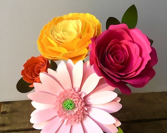 Fuchsia Rose and Gerbera Daisy Paper Bouquet, First Anniversary, Paper Flowers, Paper Bouquet