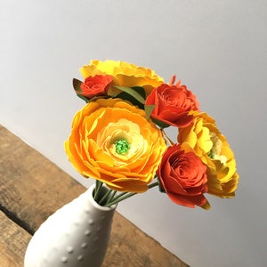 Yellow Ranunculus and Orange Roses, Paper Flowers, First Anniversary, Paper Anniversary, Paper Bouquet image 3