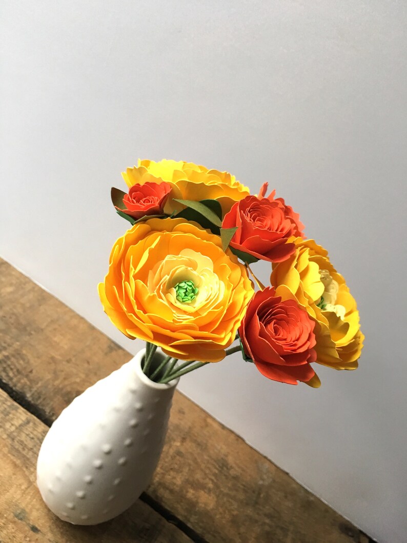 Yellow Ranunculus and Orange Roses, Paper Flowers, First Anniversary, Paper Anniversary, Paper Bouquet image 3