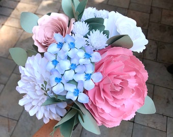 Pink, Blue, and White Paper Flower Bouquet - Blue Hydrangeas - Roses - Dahlia - Amaranthus Globes - Pink Peony