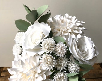 White Paper Flower Bouquet, White Paper Dahlia Flowers, Paper Seeded Eucalyptus, First Anniversary Flowers, Paper Anniversary