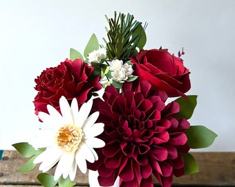 Red and Cream Paper Flower Arrangement - Roses - Dahlia - Daisy