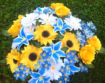 Yellow and Blue Paper Flower Bouquet - Sunflowers - Forget-Me-Nots - Blue Stargazer Lilies - Yellow Roses - Gerbera Daisies