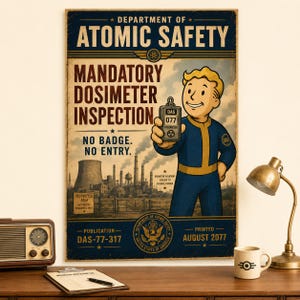 May include: A rectangular poster titled Department of Atomic Safety Mandatory Dosimeter Inspection. It features a cartoon character in a blue jumpsuit holding a dosimeter, with a factory background, the text No Badge. No Entry., and the date August 2077.