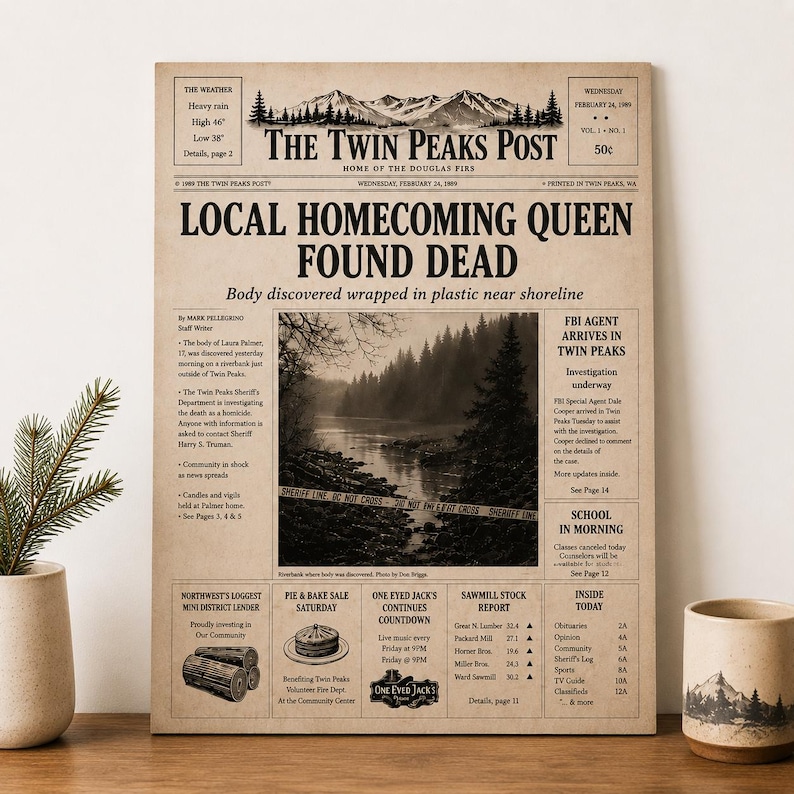 Twin Peaks Post Newspaper Replica | Laura Palmer Front Page | Twin Peaks Prop Replica | David Lynch Collectible Wall Art image 1