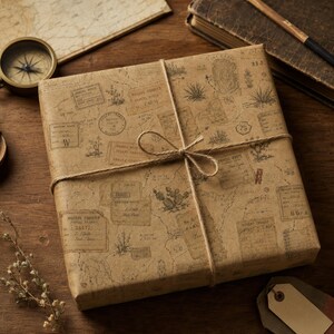 May include: A square gift box wrapped in light brown paper featuring a dark brown print of vintage maps, desert plants, and various postal stamps. The box is tied with thin, natural-colored twine arranged in a simple bow at the center.