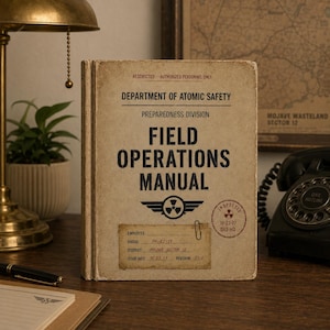 May include: A beige, weathered-look manual titled Department of Atomic Safety Field Operations Manual. The cover features black text, a radiation symbol, a paperclip, and an inspection stamp dated 10-23-77. It includes an employee identification box.