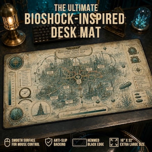 May include: A rectangular desk mat featuring a detailed, vintage-style map titled Bathysphere Transit Authority Civic Route Map. The design includes intricate blue and beige illustrations of underwater transit lines, stations, and depth gauges.