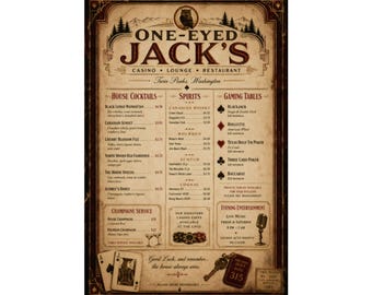 One-Eyed Jack's Cocktail Gaming Menu Poster | Twin Peaks Casino Bar Decor (Print)