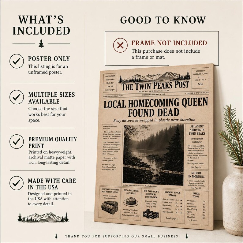Twin Peaks Post Newspaper Replica | Laura Palmer Front Page | Twin Peaks Prop Replica | David Lynch Collectible Wall Art image 4