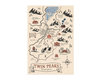 Twin Peaks Town Map | Illustrated Twin Peaks Poster | Great Northern Hotel & RR Diner Map Print | Twin Peaks Wall Art